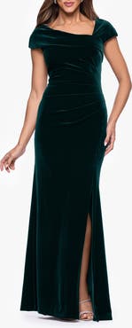 Xscape Evenings Asymmetric Neck Cap Sleeve Stretch Velvet Gown