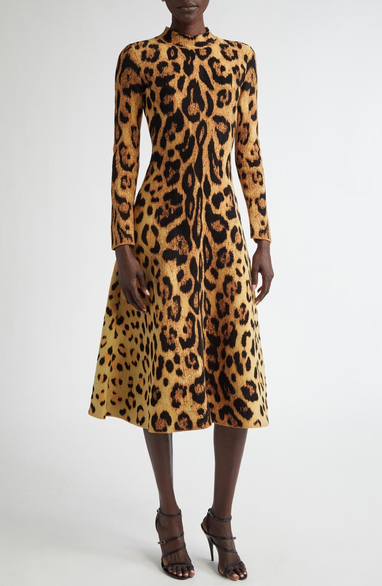 Oscar de la Renta Jaguar Jacquard Long Sleeve Midi Dress, Main, color, 