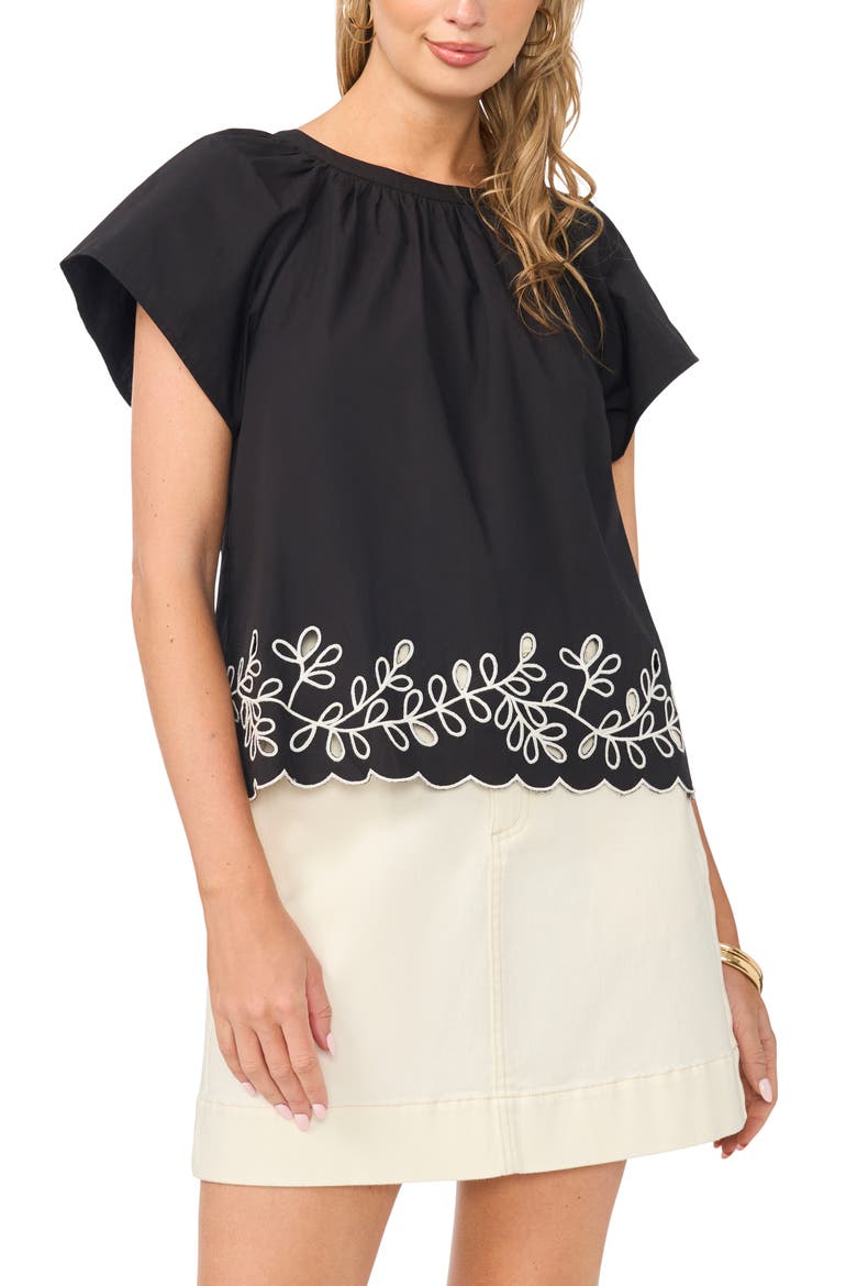 Embroidered Flutter Sleeve Top, Main, color, RICH BLACK