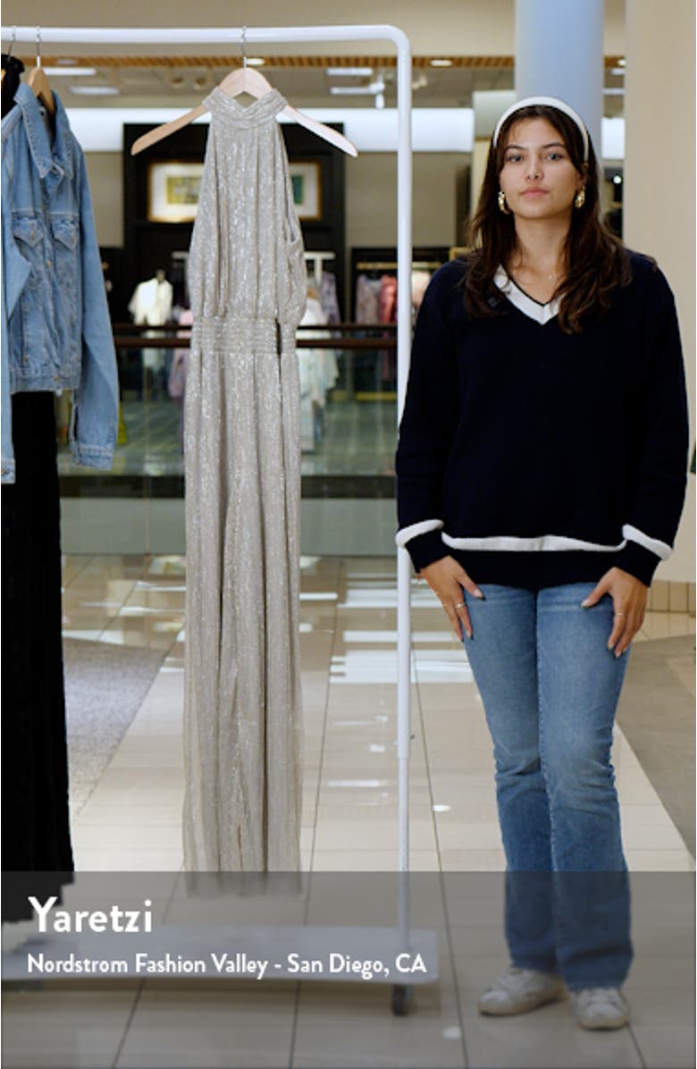 Metallic Smocked Waist Mock Neck Jumpsuit, sales video thumbnail