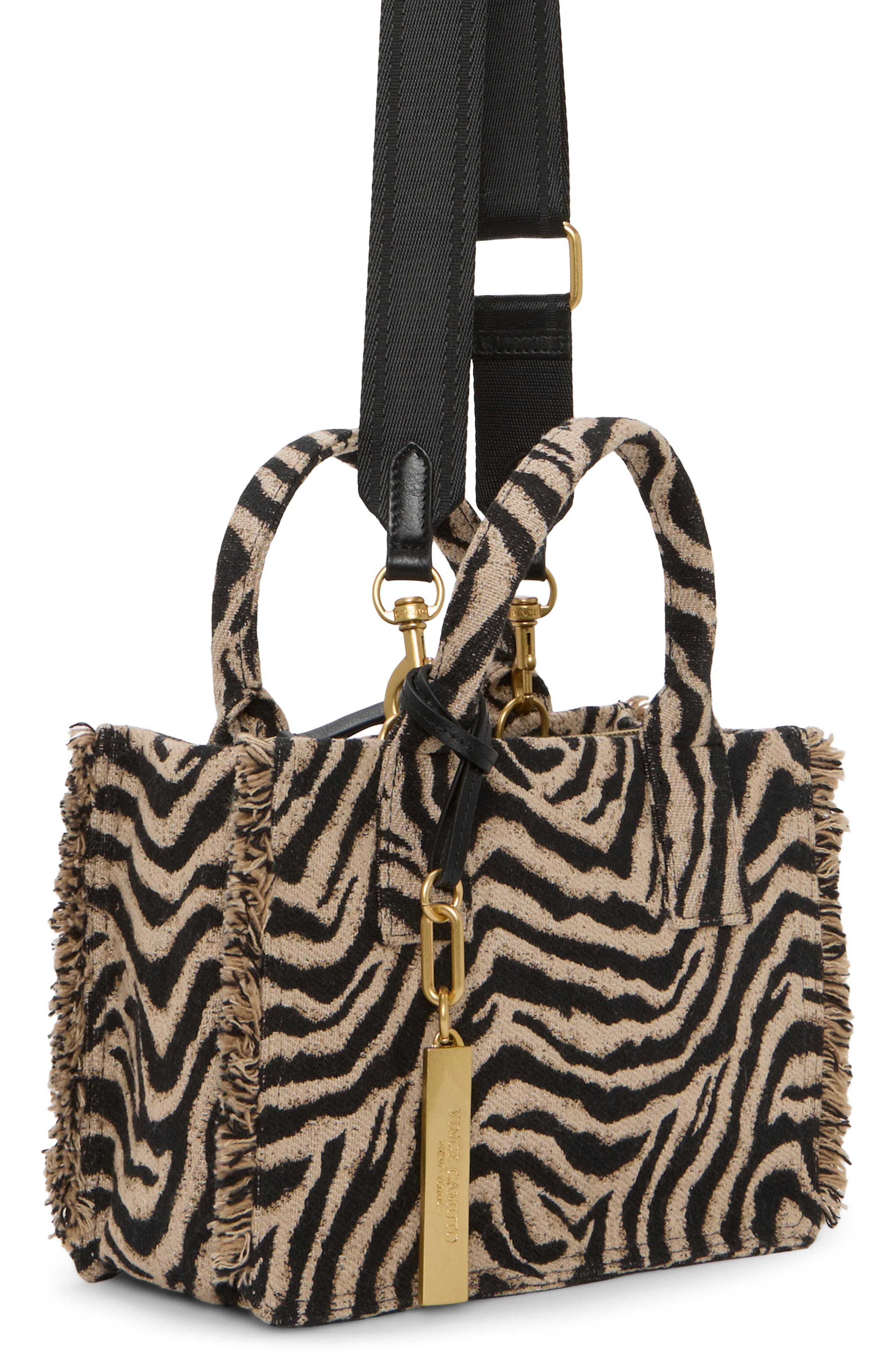Vince Camuto Zhury Zebra Stripe Fringe Trim Tote, Alternate, color, Brown