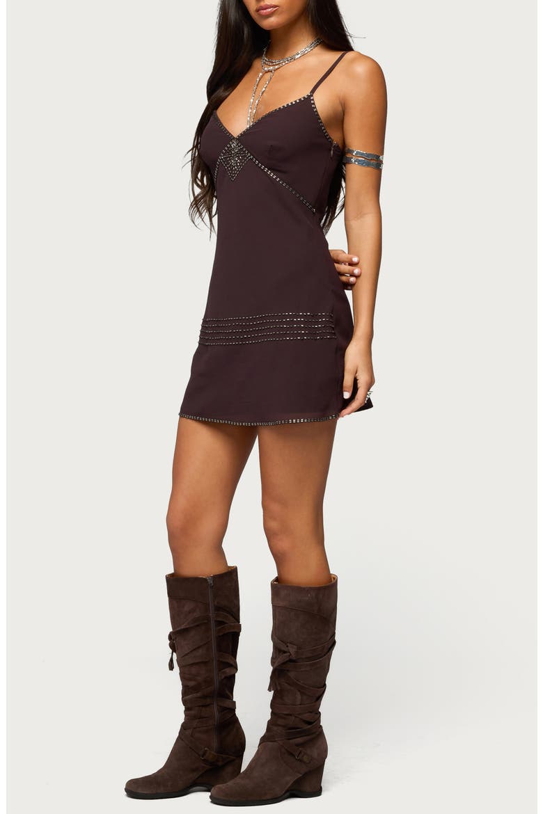 Raquelle Beaded Sleeveless Minidress, Main, color, BROWN
