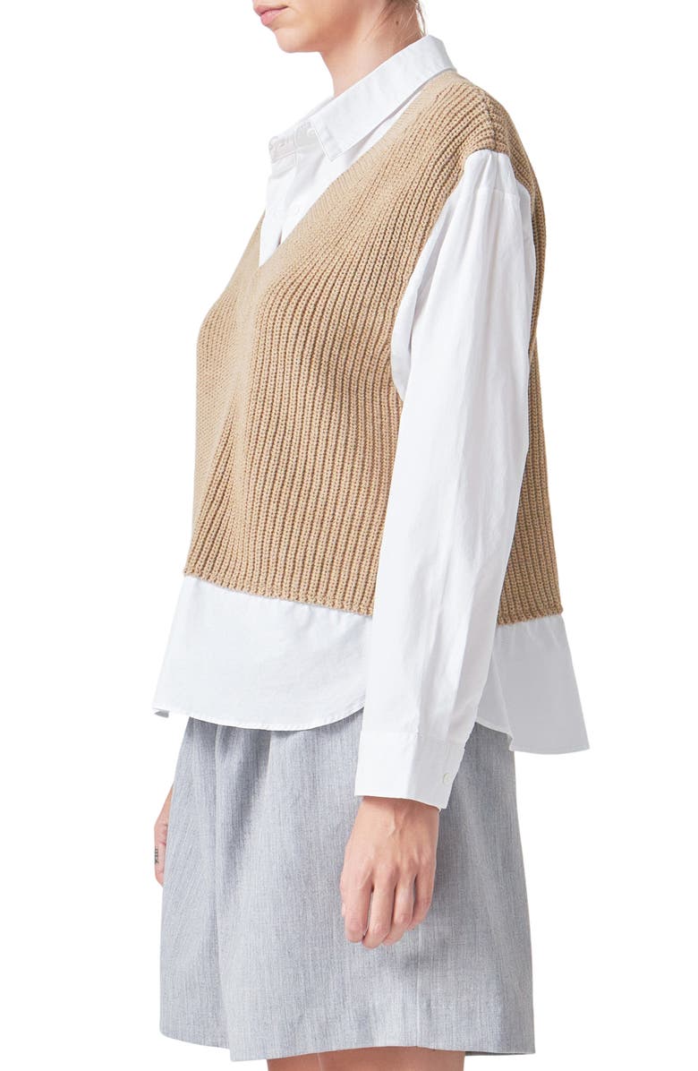 Grey Lab Layered Look Sweater & Shirt, Alternate, color, Tan/White