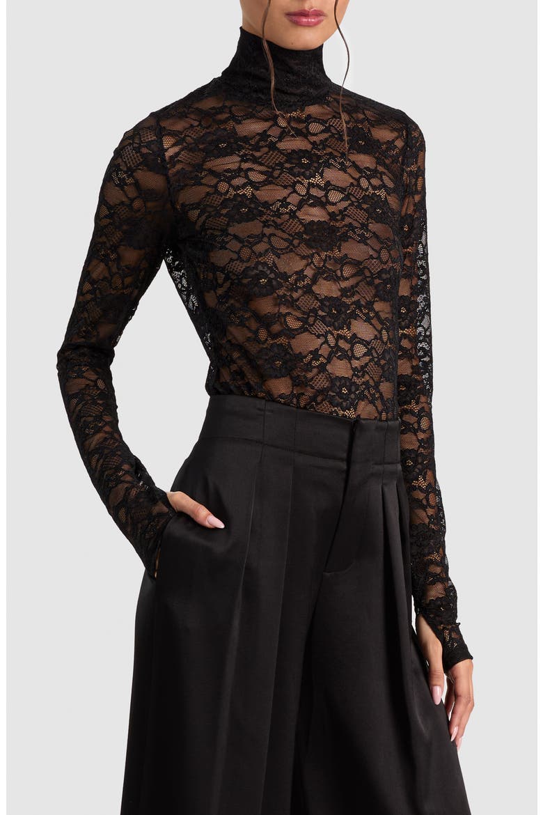Delaina Lace Turtleneck Top, Alternate, color, BLACK