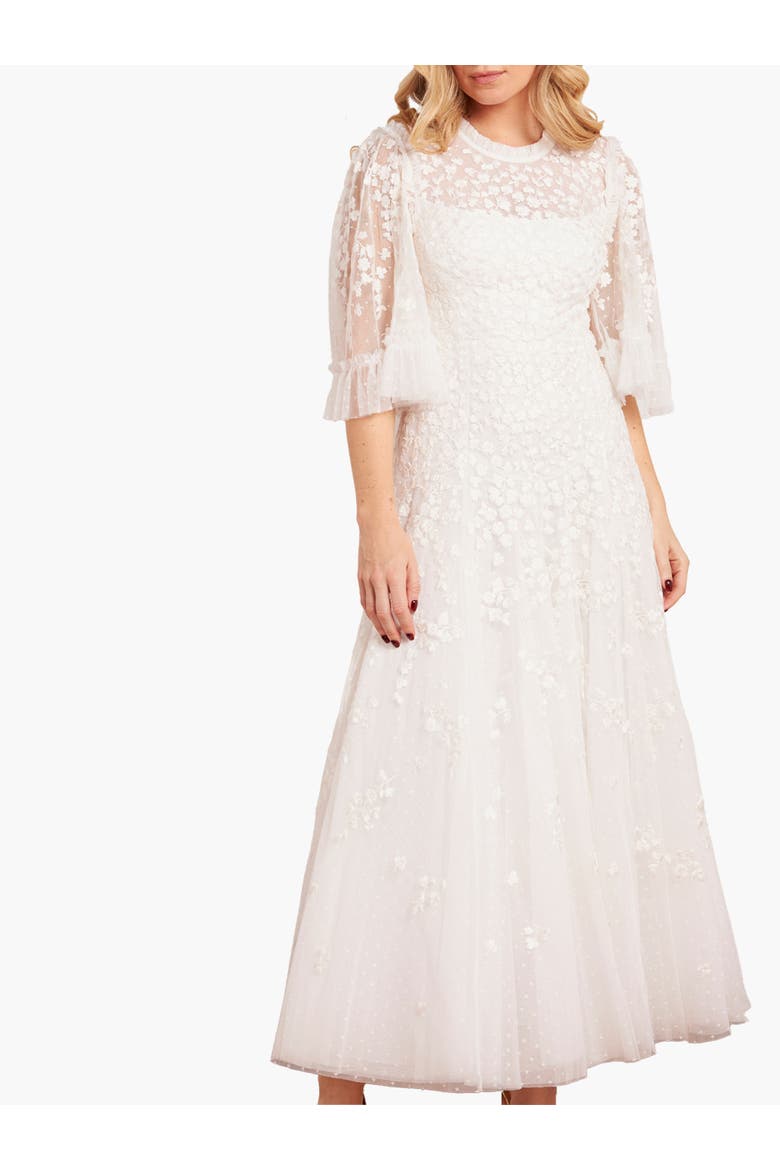 Scatter Blossom Round Neck Ankle Gown, Main, color, Swan White