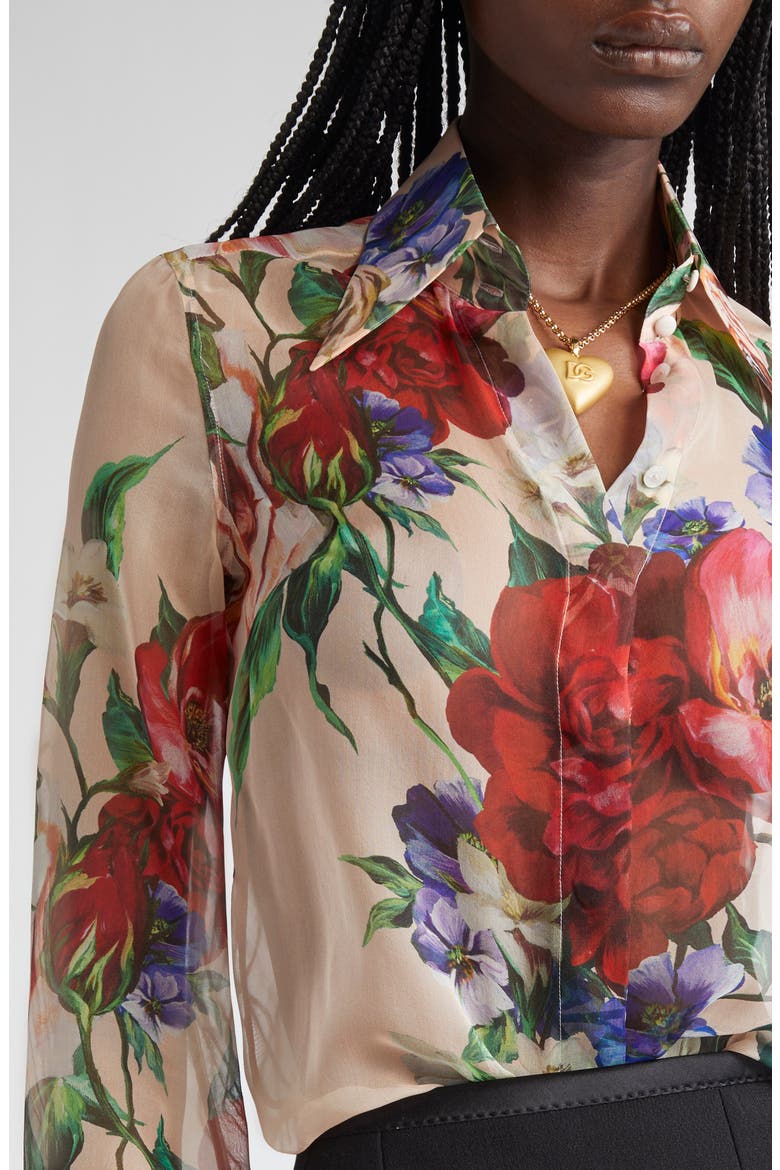 Floral Print Silk Chiffon Button-Up Shirt, Alternate, color, BEIGE PRINT FLORAL