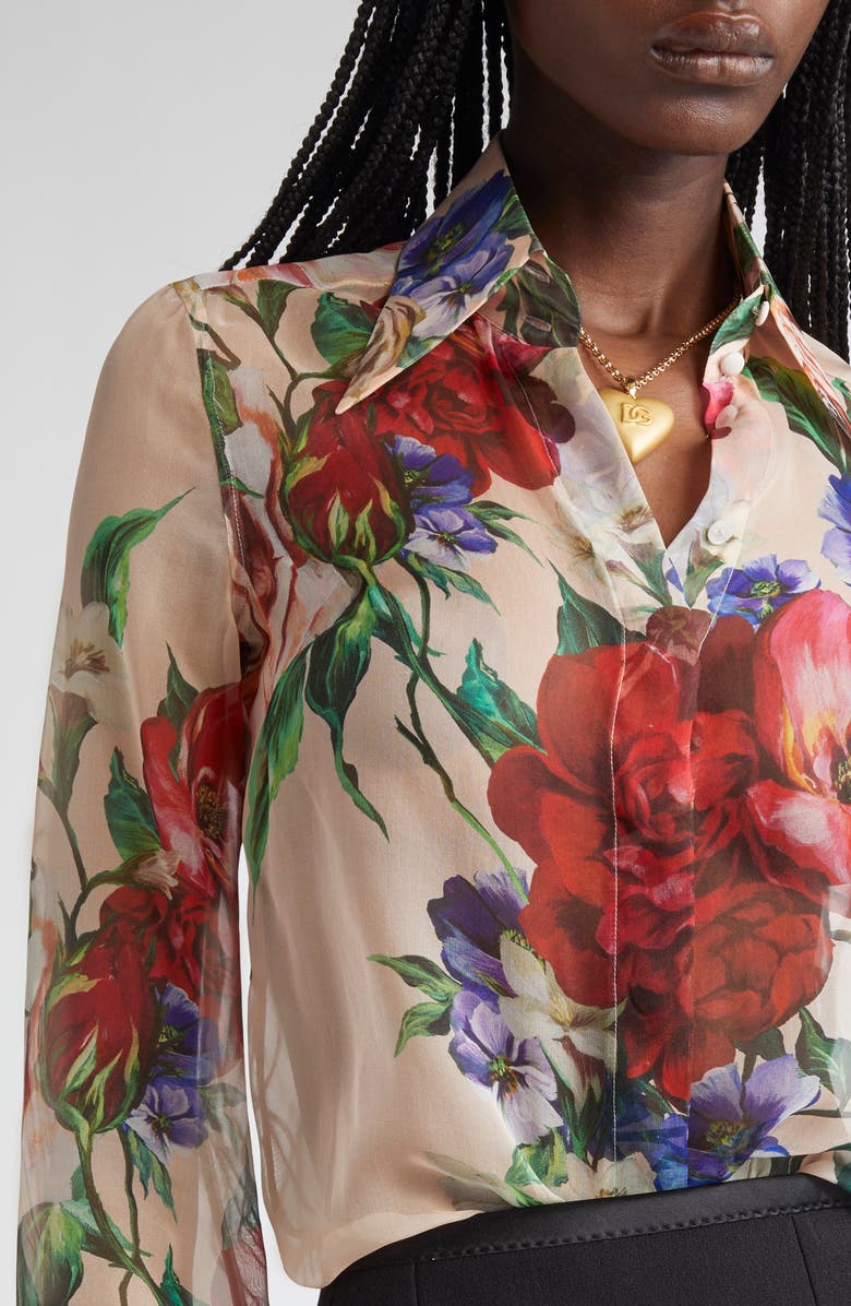 Dolce&Gabbana Floral Print Silk Chiffon Button-Up Shirt, Alternate, color, Beige Print Floral