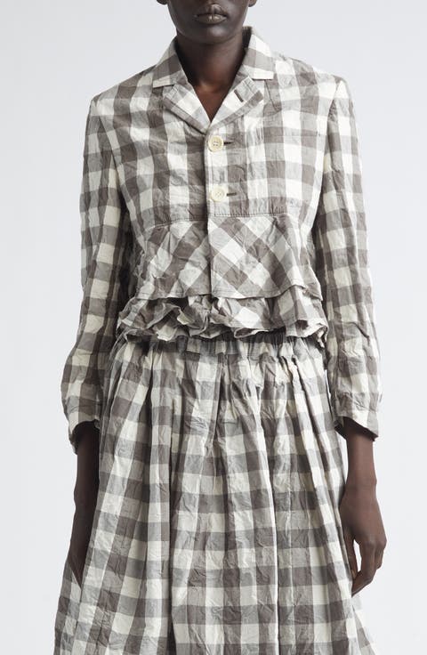 Gingham Crinkled Cotton & Linen Peplum Jacket