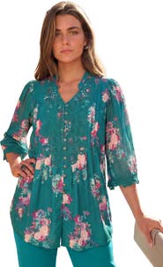 Roaman's Plus Size Juliet Lace Trim Button Down Shirt