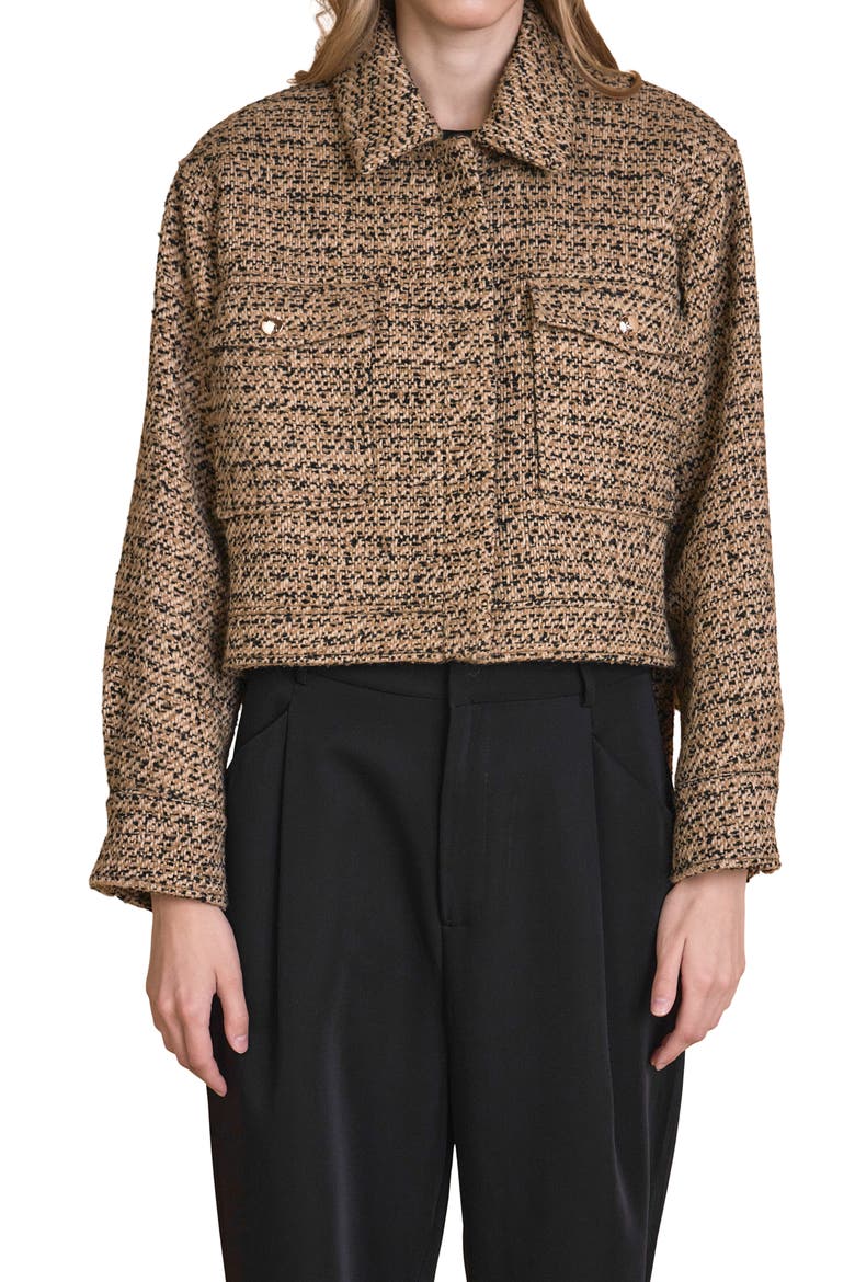Side Tie Crop Tweed Jacket, Alternate, color, BROWN/ BLACK