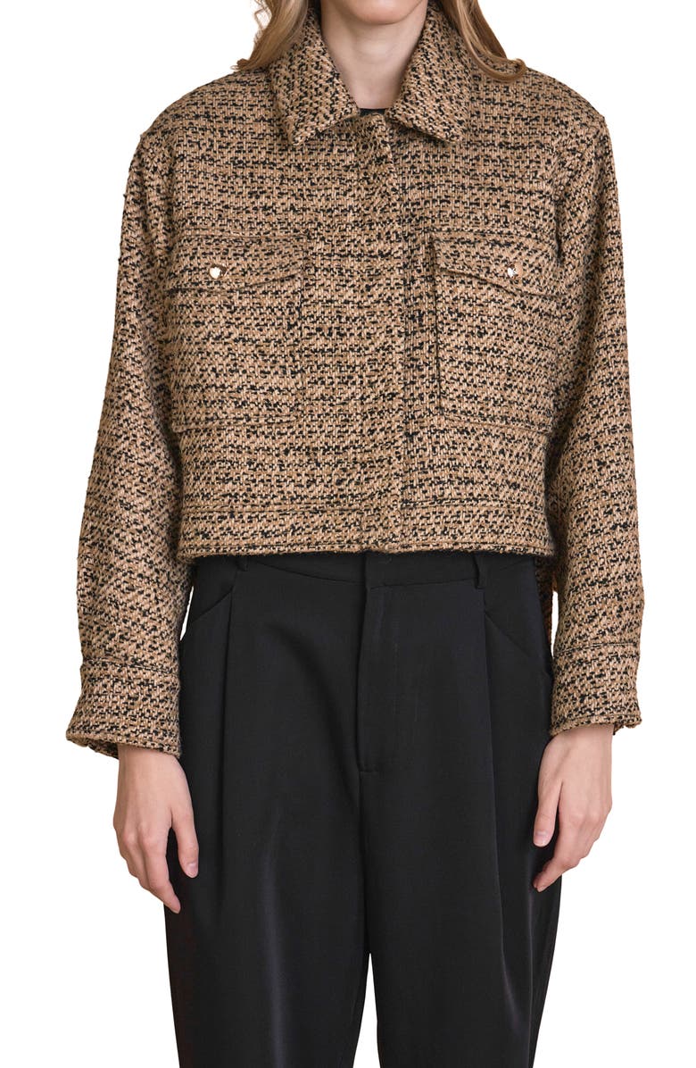Endless Rose Side Tie Crop Tweed Jacket, Alternate, color, Brown/ Black