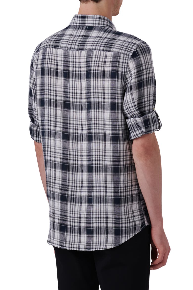 Shaped Fit Plaid Linen Button-Up Shirt, Alternate, color, BLACK