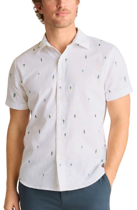 Montauk Floral Embroidered Short Sleeve Cotton & Hemp Button-Up Shirt