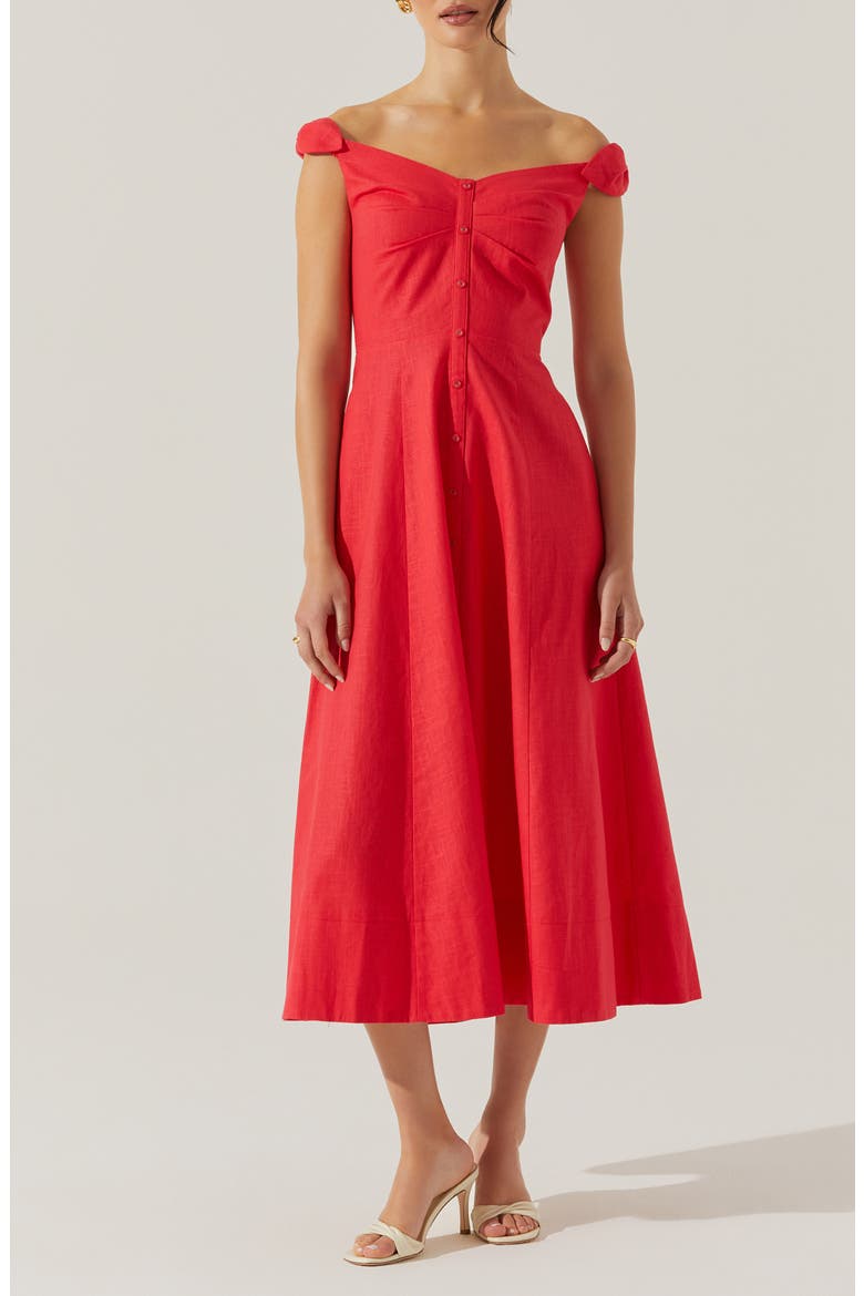 Charelin Off the Shoulder Linen Blend Midi Sundress, Main, color, RED