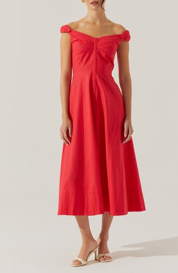 Astr The Label Charelin Off The Shoulder Linen Blend Midi Sundress In Red