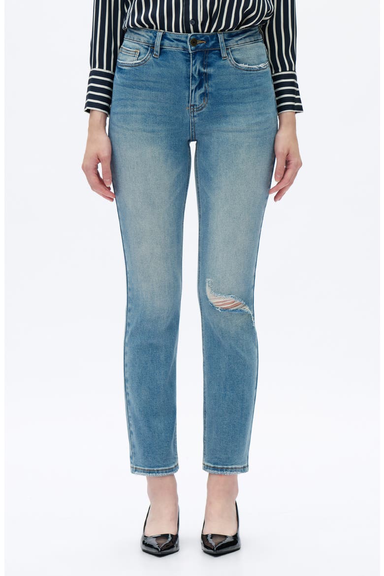 Ripped Mid Rise Slim Straight Leg Jeans, Main, color, VINTAGE MEDIUM BLUE