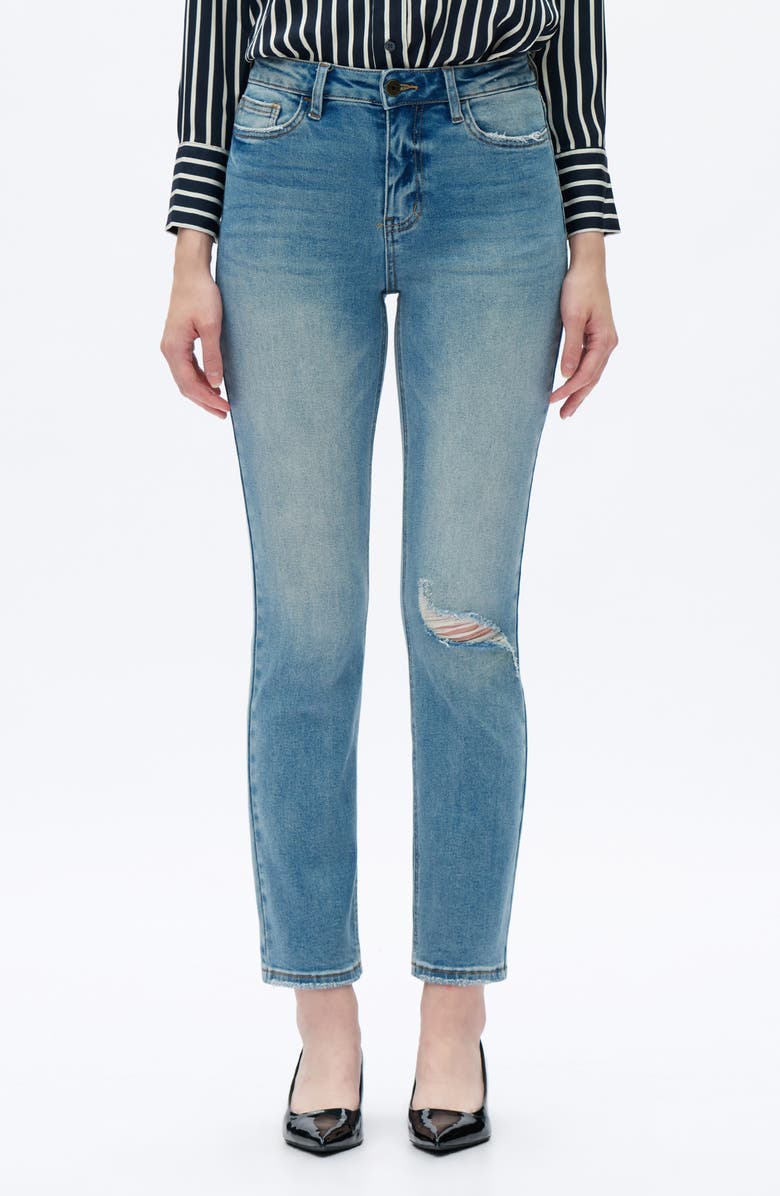 Bayeas Ripped Mid Rise Slim Straight Leg Jeans, Main, color, Vintage Medium Blue