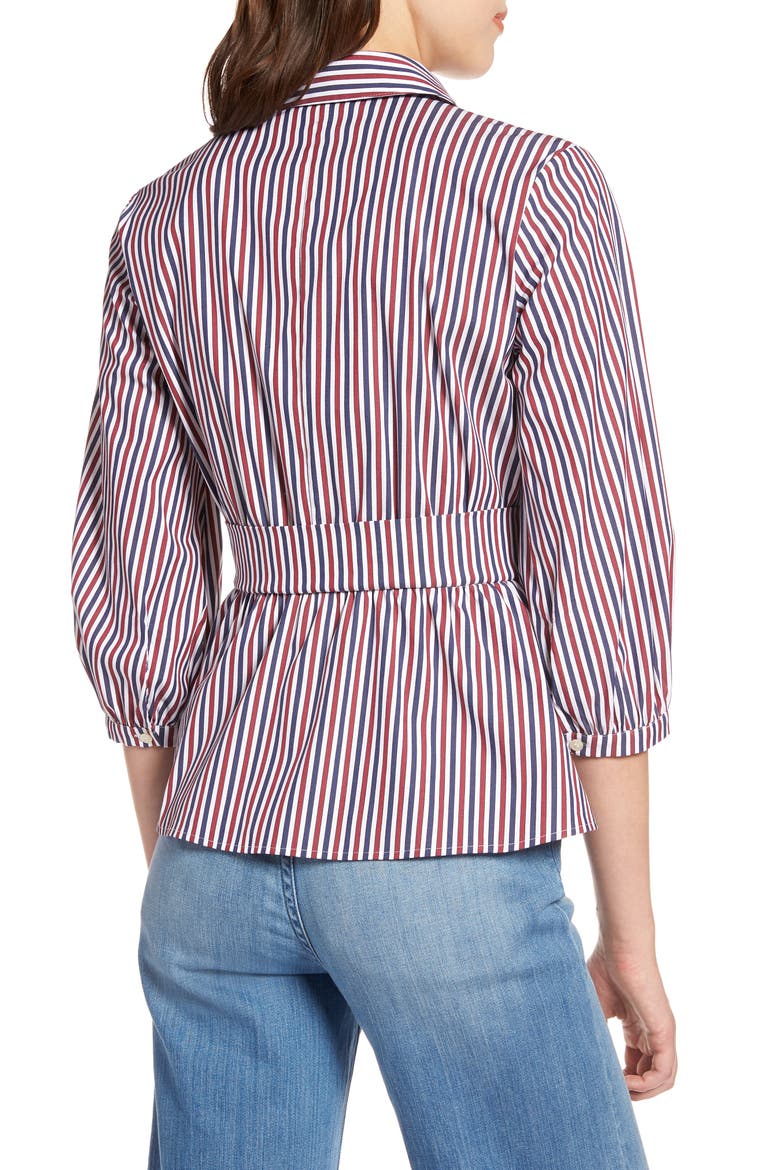 Belted Blouson Sleeve Blouse, Alternate, color, NAVY- BURGUNDY STRIPE