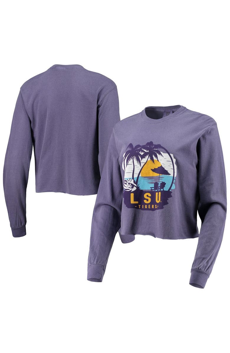 IMAGE ONE Women's Purple LSU Tigers Palm Trees Sunset Long Sleeve Crop Top, Alternate, color, 