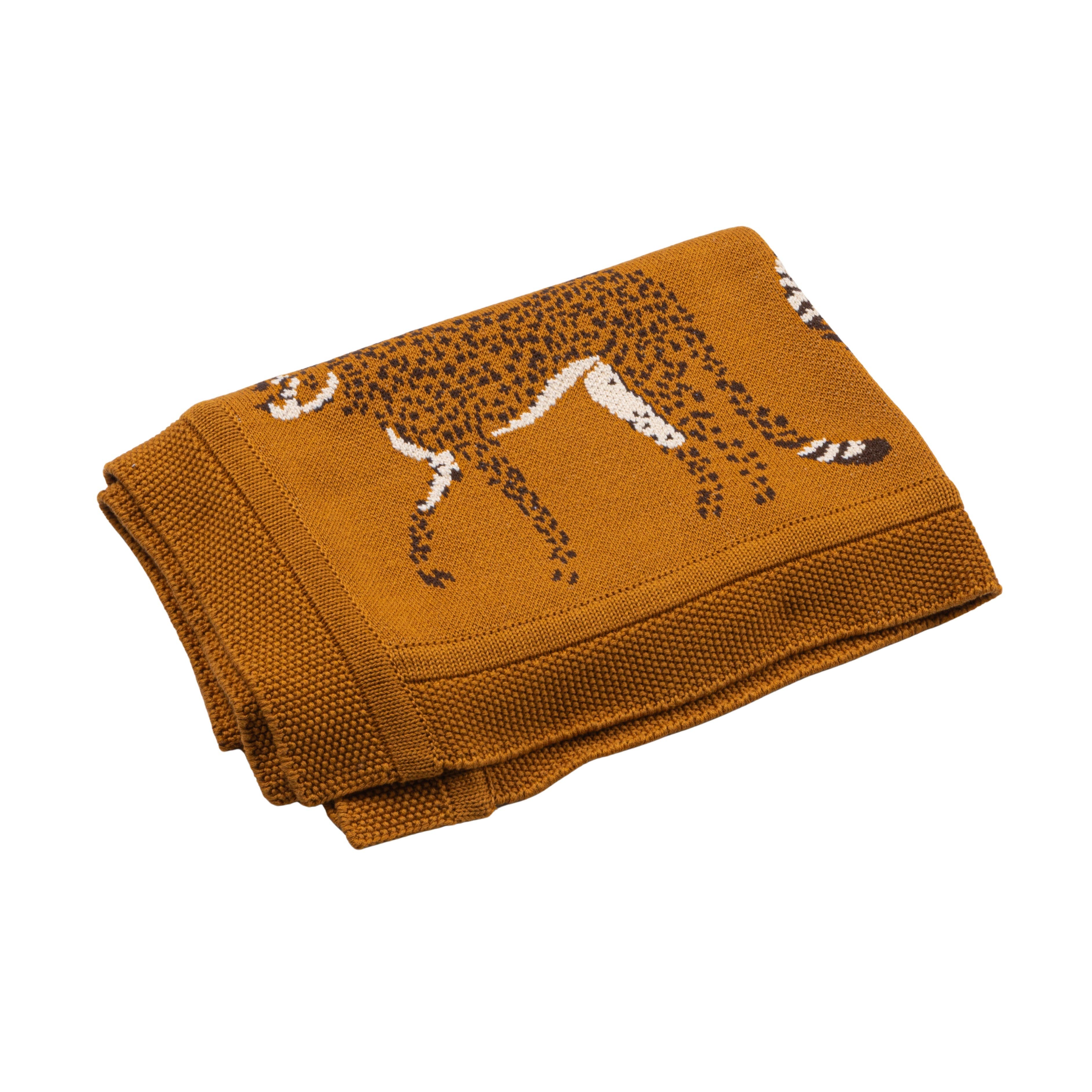 Storied Home Cotton Knit Baby Blanket With Cheetahs, Mustard Color, Black And White In Brown