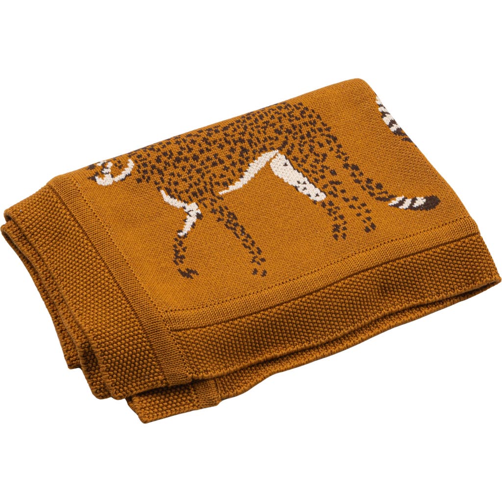 Storied Home Cotton Knit Baby Blanket With Cheetahs, Mustard Color, Black And White In Brown