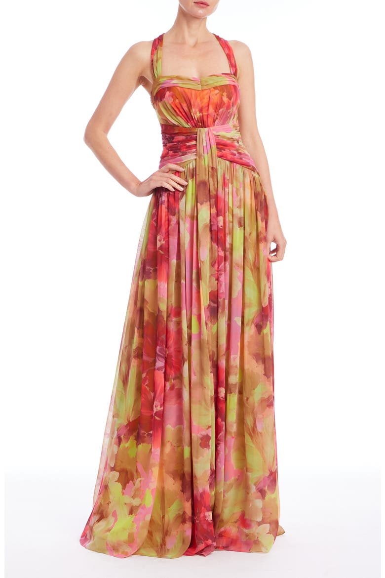 Pleated Floral Gown, Main, color, PINK MULTI
