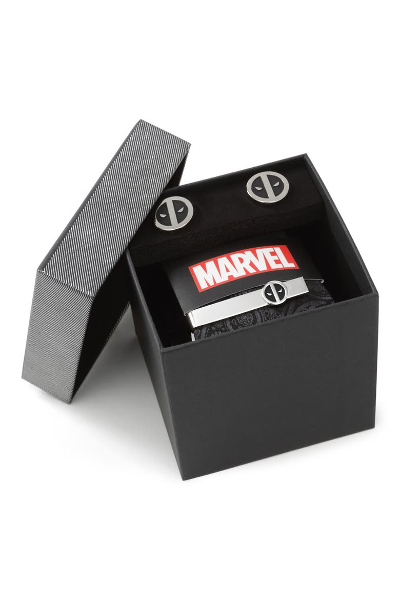 Deadpool Silk Tie, Cuff Links & Tie Bar Set, Alternate, color, BLACK