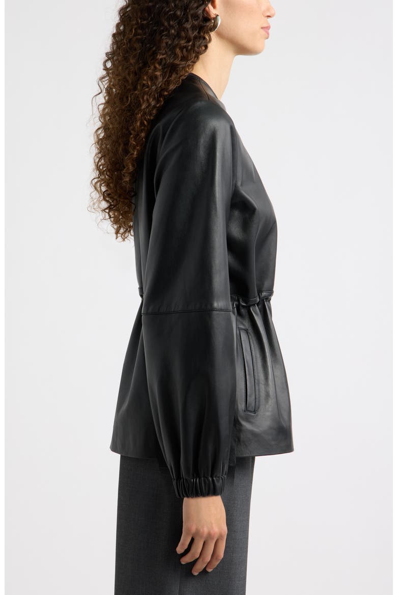 Cinch Waist Leather Jacket, Alternate, color, BLACK