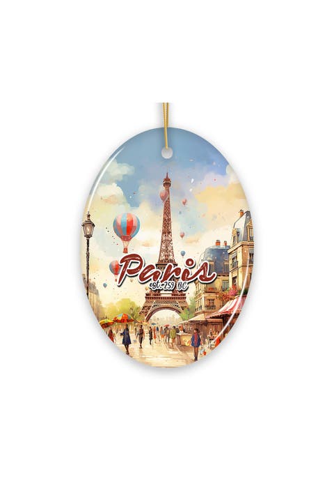 Paris Eiffel Tower Watercolor Oval Ceramic Ornament