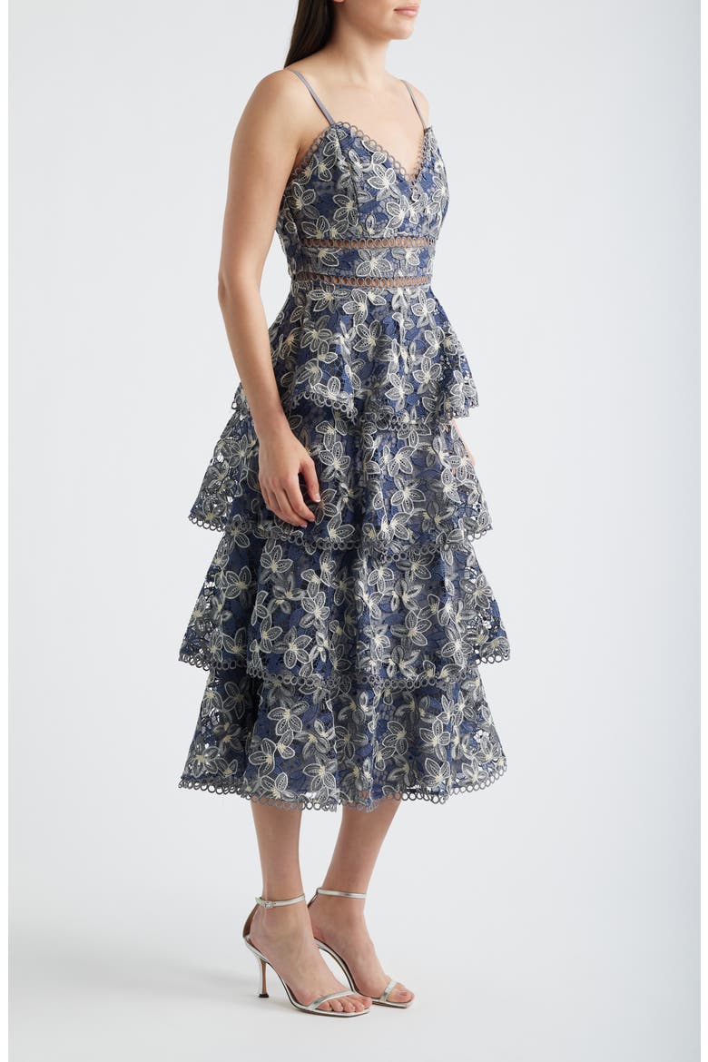 Marcela Floral Embroidered Tiered Midi Dress, Alternate, color, NAVY