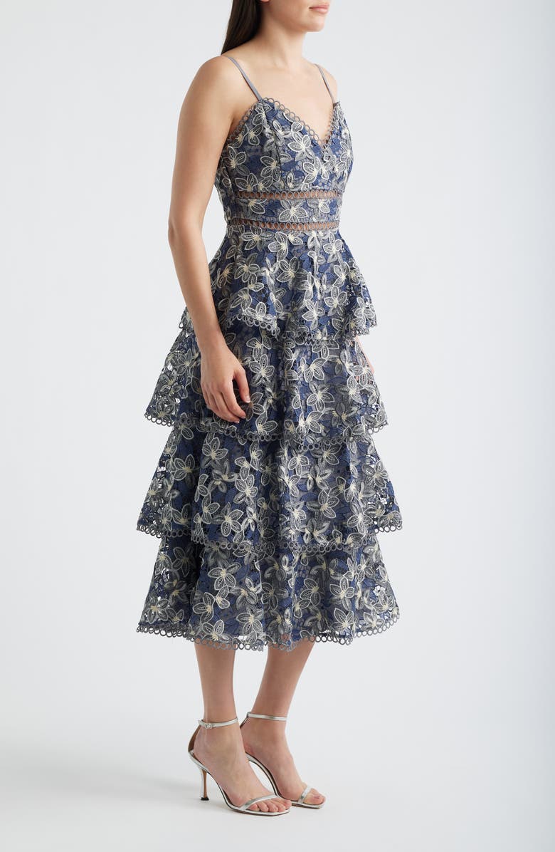 Arose Studio Marcela Floral Embroidered Tiered Midi Dress, Alternate, color, Navy