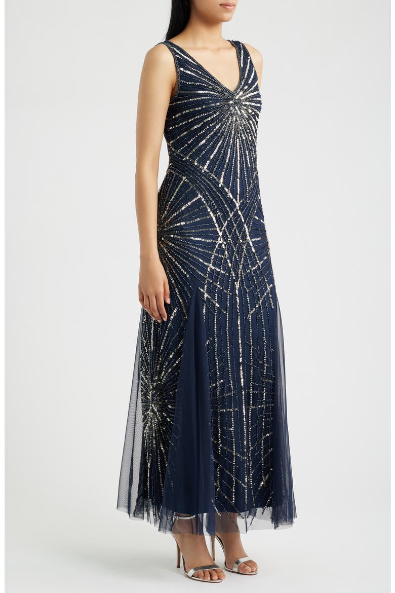 Beaded Sleeveless Tulle Gown, Alternate, color, NAVY 410