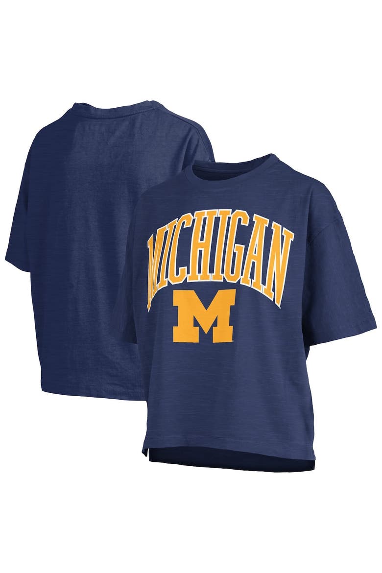 Women's Pressbox Navy Michigan Wolverines Nelson Arch Over Logo Waist Length Oversized Slub T-Shirt, Alternate, color, Navy