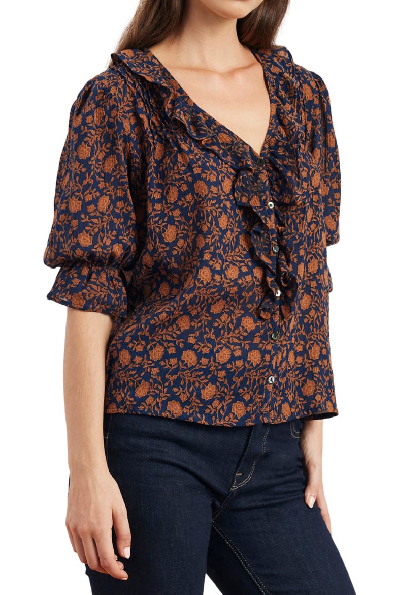 Chloe Cotton Ruffle Shirt, Alternate, color, Navy Batik