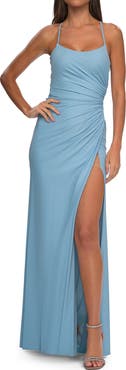 La Femme Elegant Jersey Dress with Ruching and Square Neckline in Neon