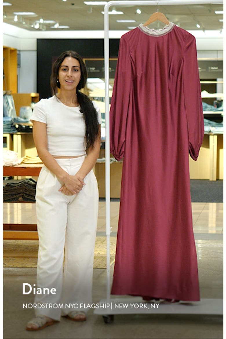 Beaded High Neck Bishop Sleeve Satin Gown video