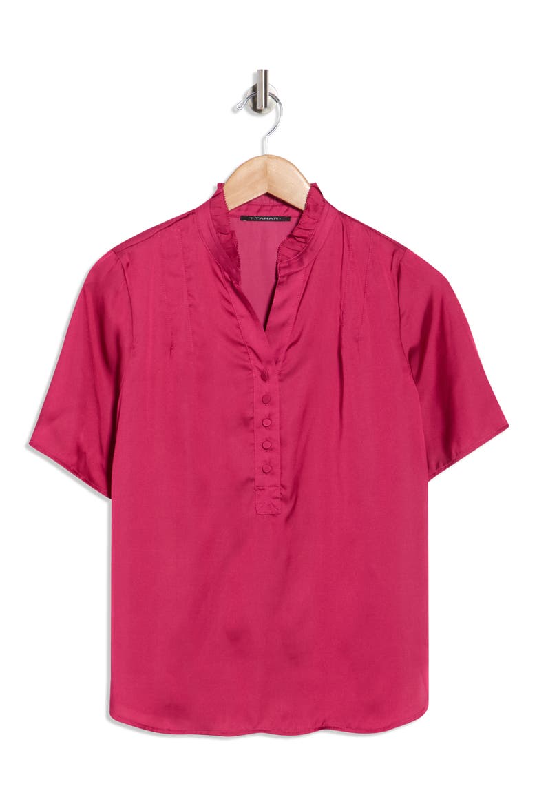 Ruffle Split Neck Short Sleeve Top, Alternate, color, DARK PINK