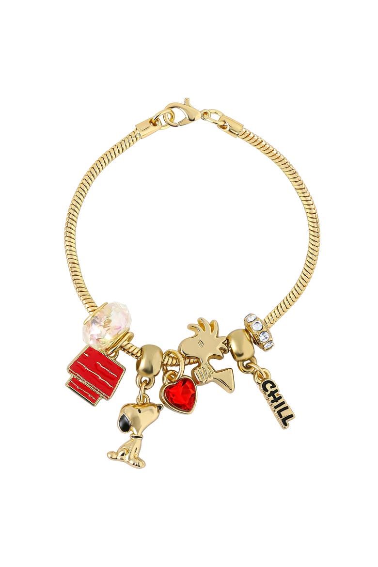 Woodstock and Snoopy Charm Bracelet for Women Official License, 7", Main, color, Metallic Gold