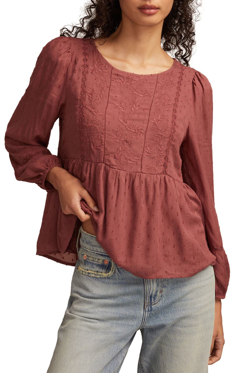 Lucky Brand Embroidered Clip Dot Peplum Top, Main, color, Rose Brown