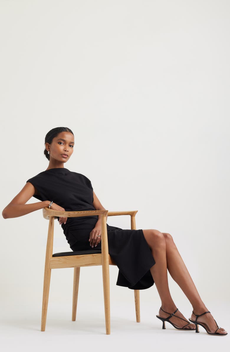 Nordstrom Ruched Funnel Neck Midi Dress, Alternate, color, Black