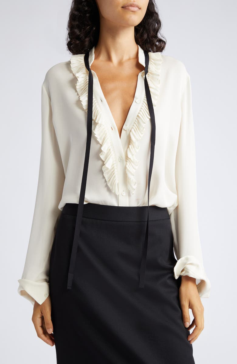 Nili Lotan Bertille Ruffle Tie Neck Silk Shirt, Alternate, color,