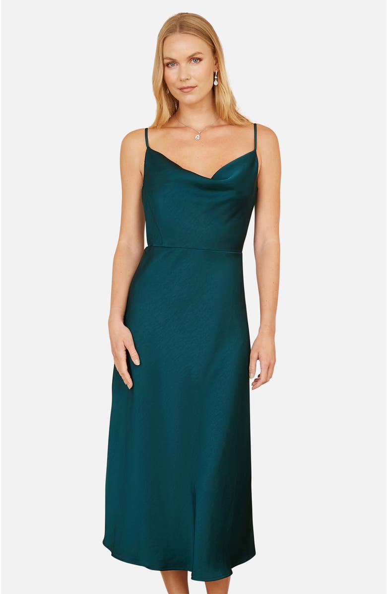 Yumi Satin Cowl Neck Midi Dress, Alternate, color, Green