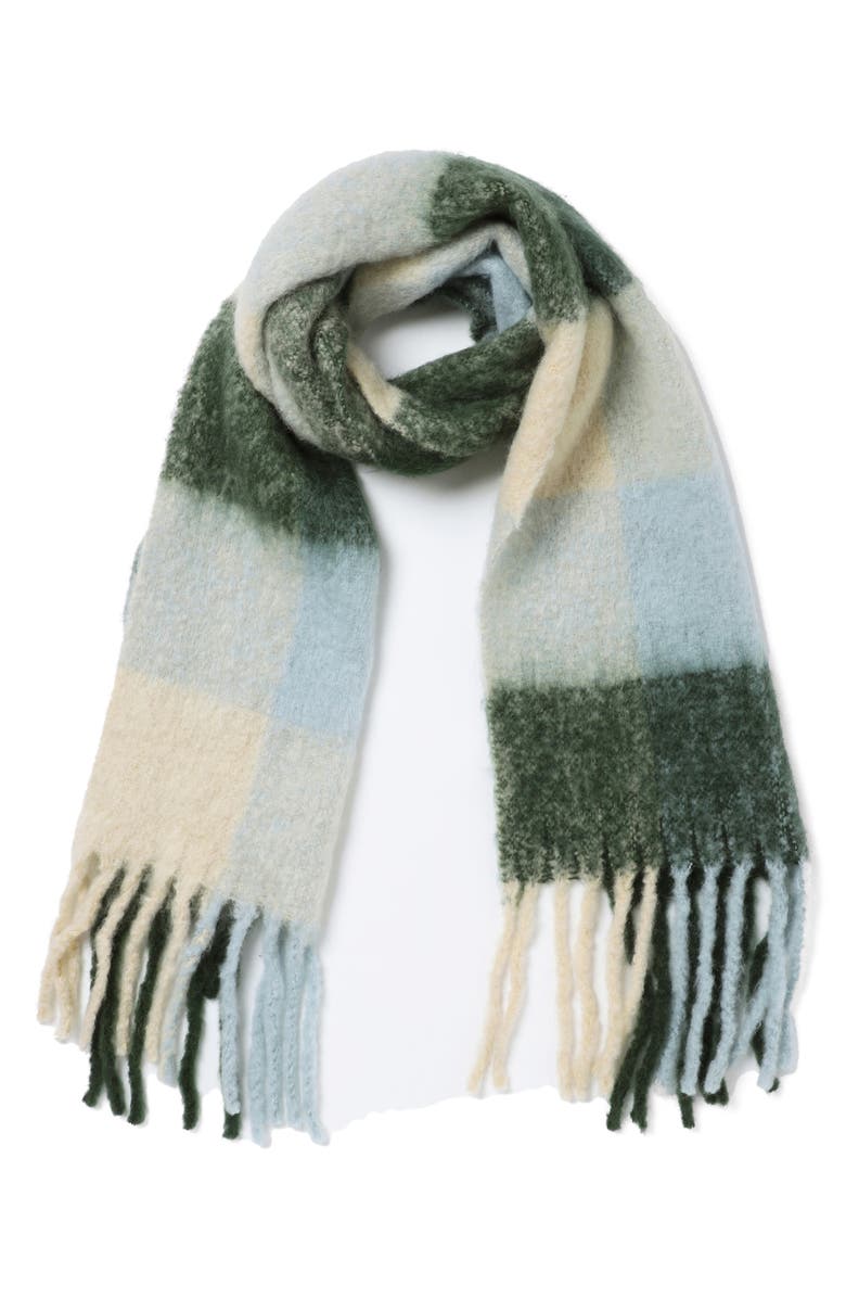 Vismaya Buffalo Check Wool Blend Fringe Scarf, Alternate, color, Beige Olive