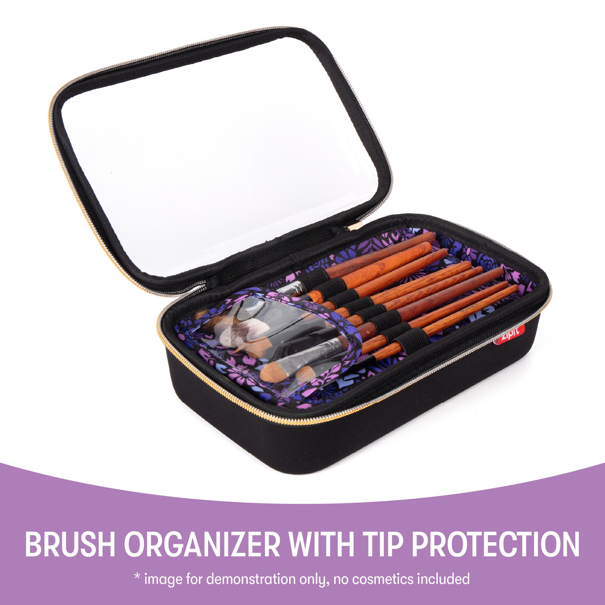 ZIPIT Travel Makeup Bag, Black & Purple Flowers, Protective Hard Shell, Alternate, color, Black