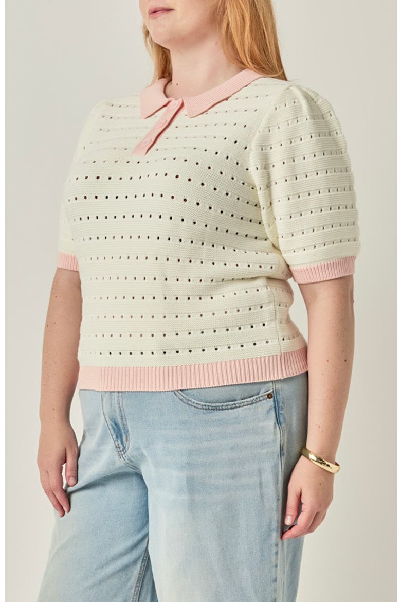 Colorblock Pointelle Short Sleeve Polo Sweater, Alternate, color, IVORY/ PINK