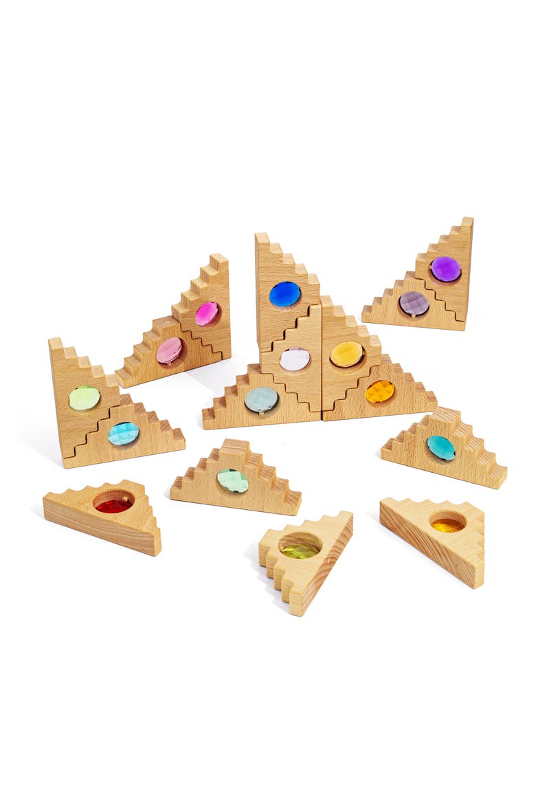 Kaia Pyramid Wooden Building Blocks with Acrylic Gem Windows - 16 Pieces, Alternate, color, Multicolor
