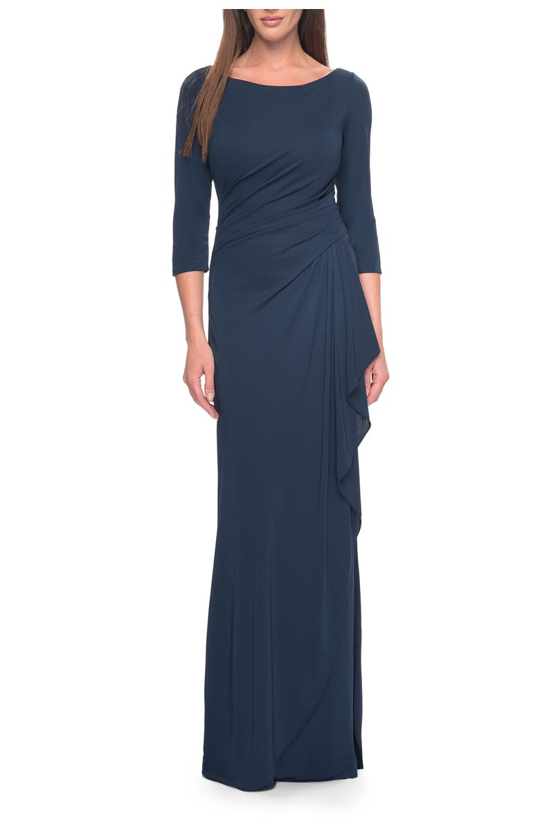 La Femme Chic Long Evening Gown with High Neck and Ruffle Detail, Alternate, color, Navy