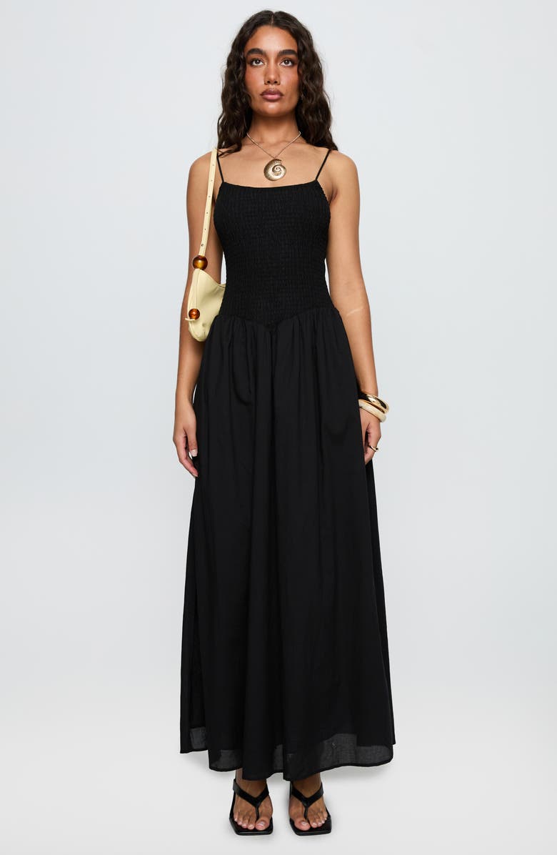 Princess Polly Carys Smock Bodice Cotton Maxi Dress, Alternate, color, Black