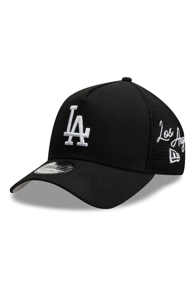 Men's New Era Black Los Angeles Dodgers Side Script 9FORTY A-Frame Trucker Adjustable Hat, Main, color, Black