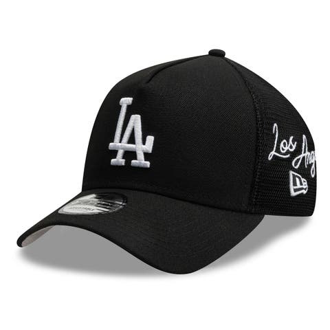 Men's New Era Black Los Angeles Dodgers Side Script 9FORTY A-Frame Trucker Adjustable Hat